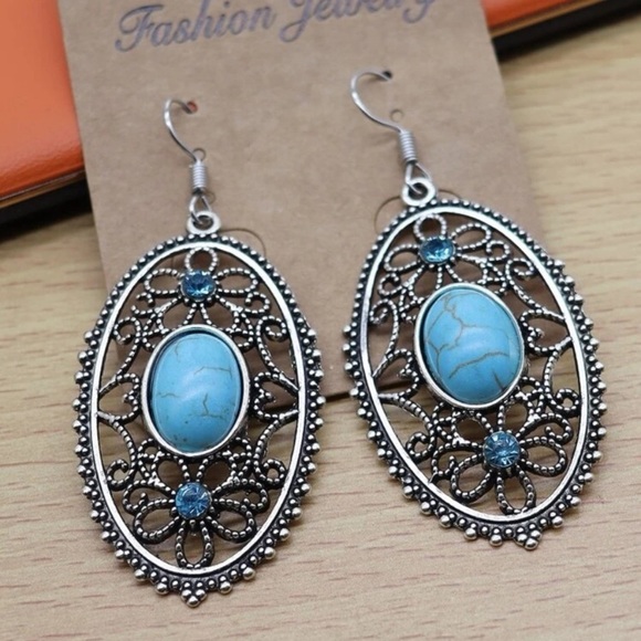 ❤️🔥Bohemian silver flower and turquoise earrings - Picture 2 of 3